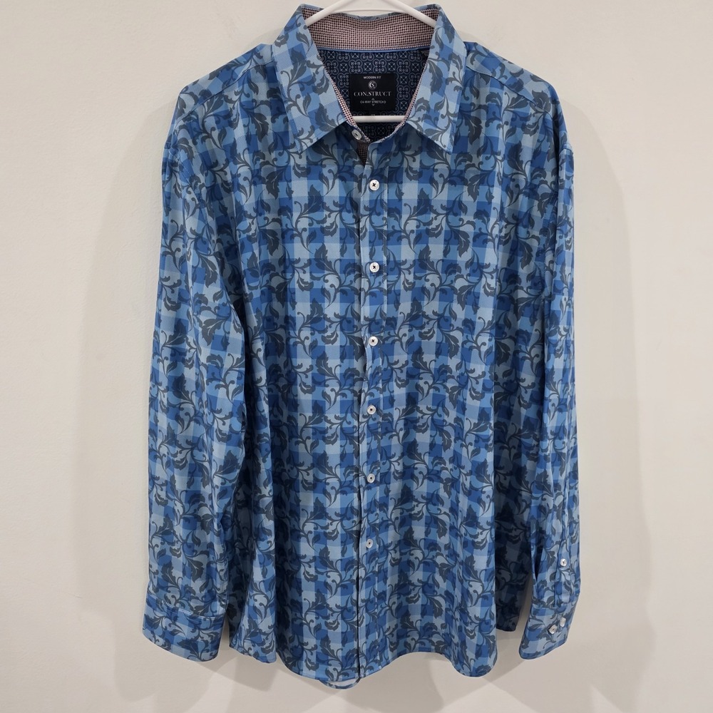 Con.Struct Mens Button Up Shirt 4 Way Stretch Size XL Modern Fit Floral Plaid
